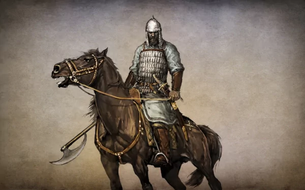 HD desktop wallpaper featuring a mounted medieval warrior from the video game Mount & Blade, clad in armor and holding a weapon while riding a horse.