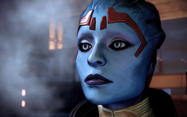 Samara (Mass Effect) close-up portrait from Mass Effect 2 — blue-skinned Asari gazing against a smoky backdrop. 2K Quad HD PC desktop wallpaper/background.