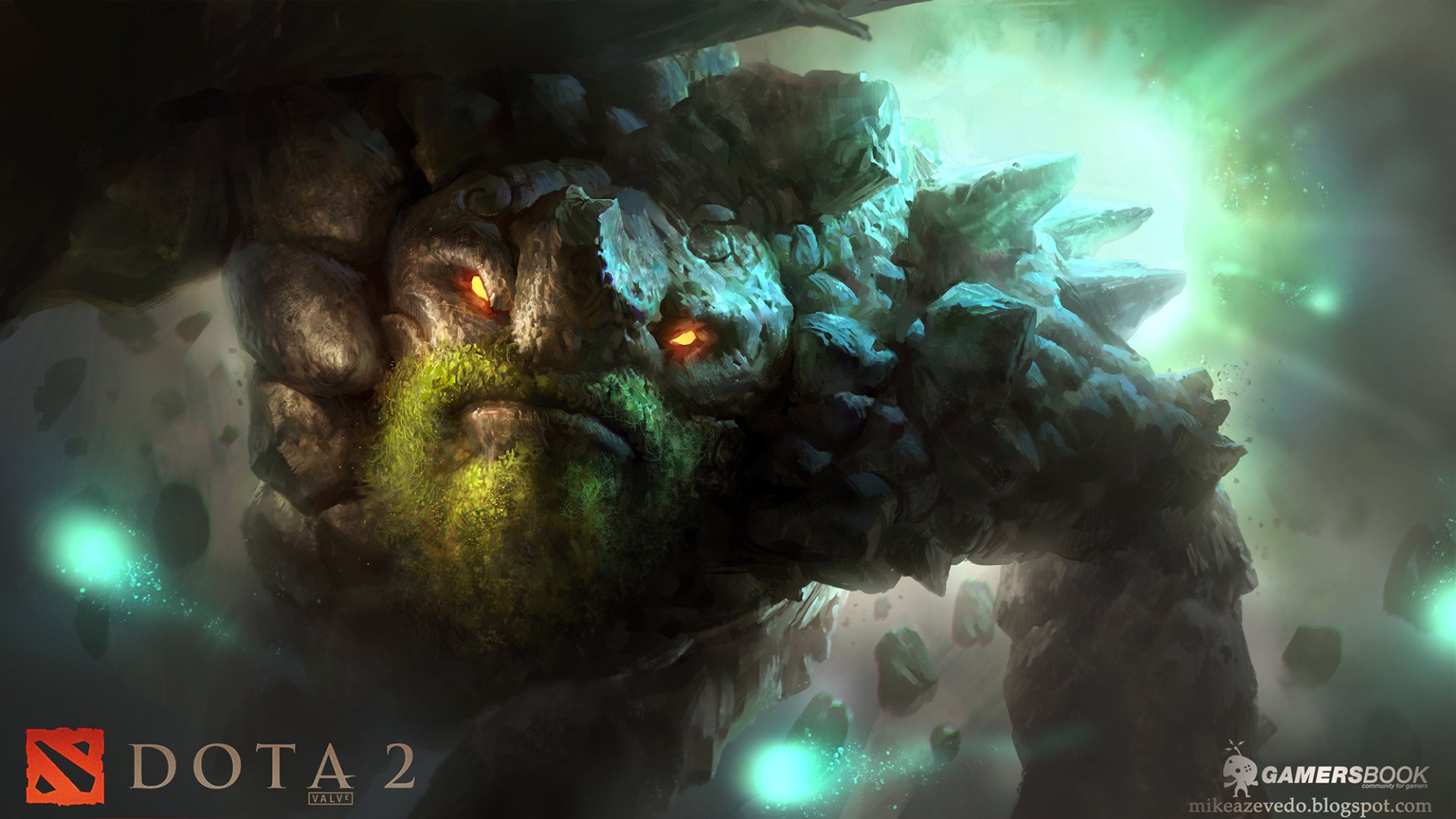 A vibrant HD wallpaper featuring a character from DotA 2, showcasing a massive stone figure with glowing eyes amidst an ethereal green backdrop.