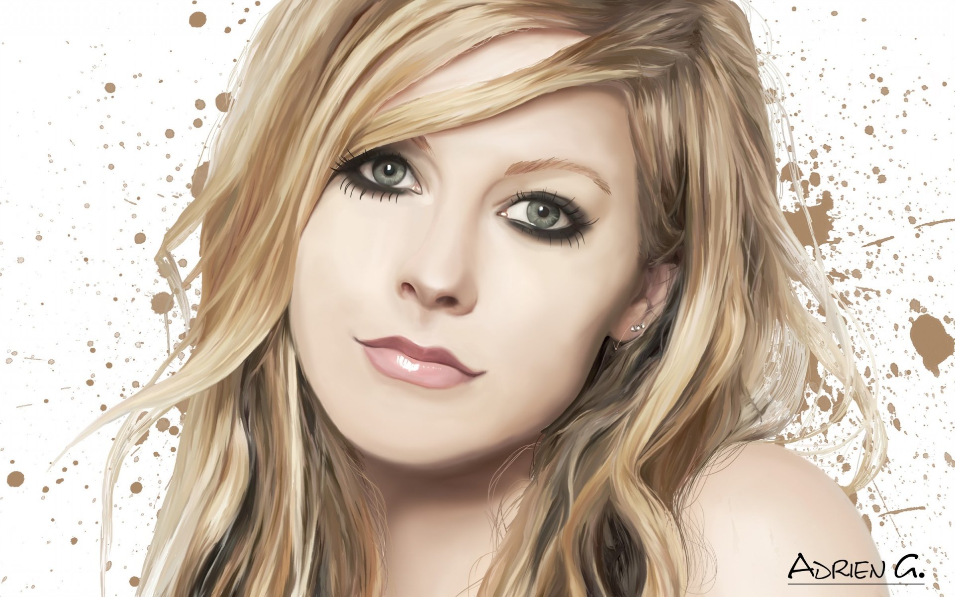 A striking HD desktop wallpaper featuring a stylized portrait of Avril Lavigne, capturing her distinct look with bold makeup and flowing blonde hair against a splashy background.