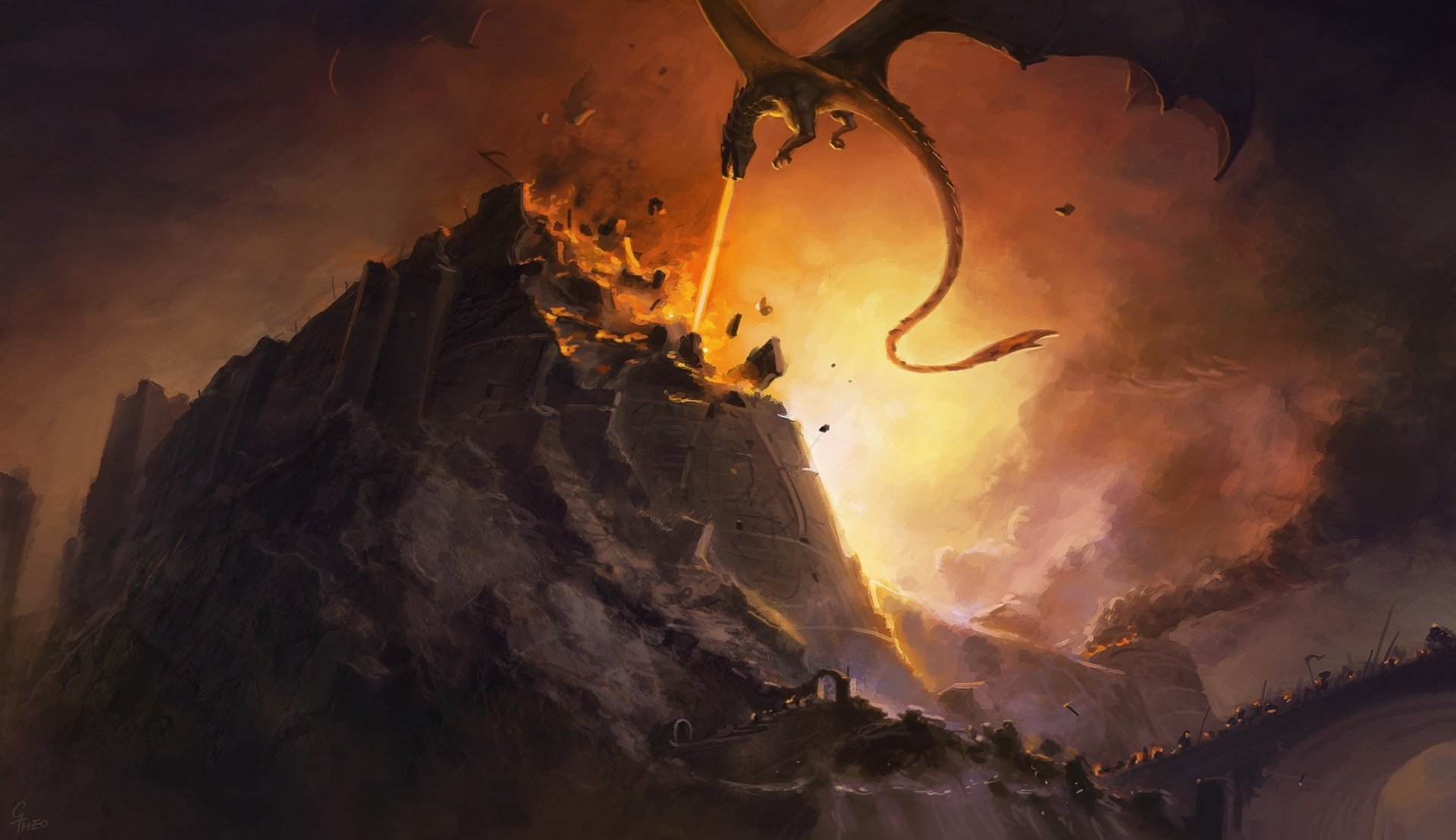 A majestic wyvern looms over a volcanic landscape, unleashing destruction amidst fiery hues, creating a dramatic and captivating fantasy scene for any desktop wallpaper.