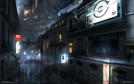 A captivating HD desktop wallpaper from the video game Remember Me, showcasing a futuristic cityscape with illuminated buildings and a misty atmosphere, evoking a sense of intrigue and adventure.