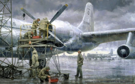 4K Ultra HD desktop wallpaper depicting military personnel performing maintenance on a vintage aircraft under a cloudy sky on a wet airfield.