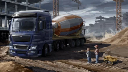 A dynamic HD wallpaper featuring a blue truck hauling a cement mixer in a construction site setting, inspired by Euro Truck Simulator 2.