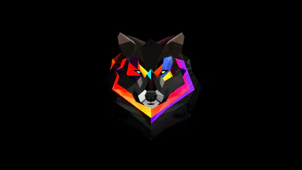 Artistic HD wallpaper featuring a geometric, multicolored wolf head on a black background.