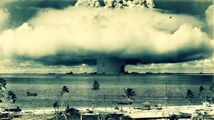 HD desktop wallpaper depicting a dramatic military explosion over a tropical coastline with palm trees and ships, rendered in a vintage style.