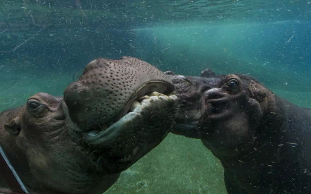 HD PC desktop wallpaper featuring two hippos underwater, their heads close together, showcasing the details of their skin and aquatic environment.