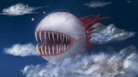 HD desktop wallpaper featuring a menacing, flying creature with sharp teeth and a white body, set in a cloudy sky from the video game Terraria.