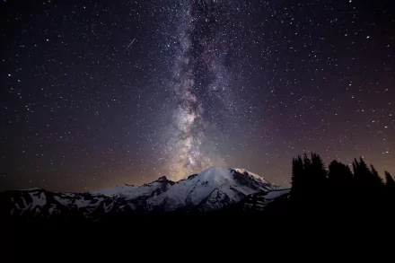 HD Sci-Fi desktop wallpaper featuring a star-filled night sky with the Milky Way stretching above a snow-capped mountain and silhouetted trees.
