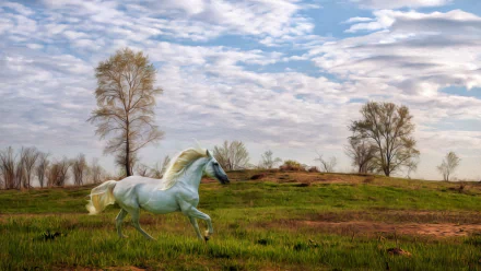 An elegant white horse gallops through a lush green landscape, with soft clouds overhead in this captivating oil painting. A striking HD desktop wallpaper and background.