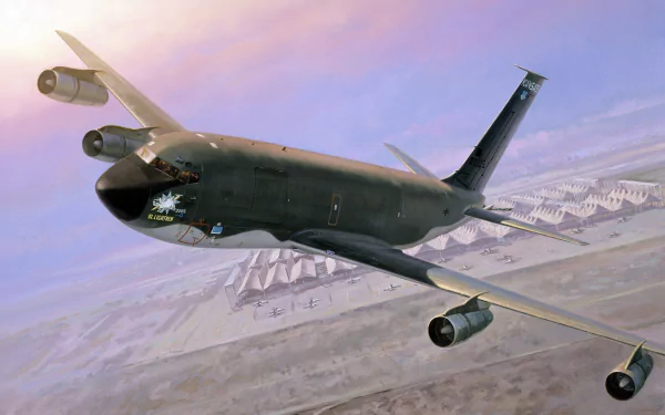 A detailed 4K Ultra HD wallpaper of a military Boeing KC-135 Stratotanker flying over a desert landscape during sunset.