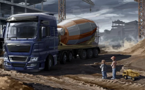A dynamic HD wallpaper featuring a blue truck hauling a cement mixer in a construction site setting, inspired by Euro Truck Simulator 2.