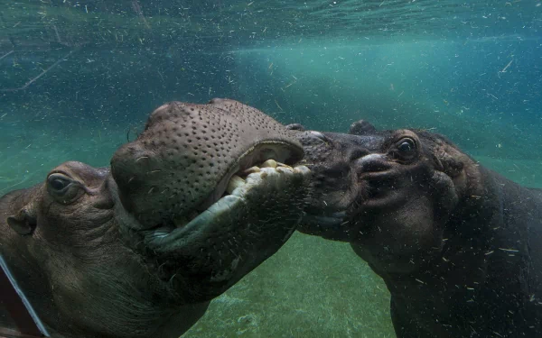 HD PC desktop wallpaper featuring two hippos underwater, their heads close together, showcasing the details of their skin and aquatic environment.