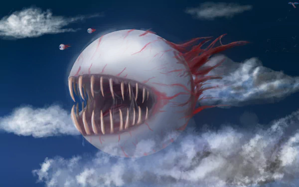 HD desktop wallpaper featuring a menacing, flying creature with sharp teeth and a white body, set in a cloudy sky from the video game Terraria.