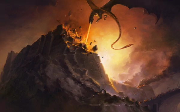 A majestic wyvern looms over a volcanic landscape, unleashing destruction amidst fiery hues, creating a dramatic and captivating fantasy scene for any desktop wallpaper.