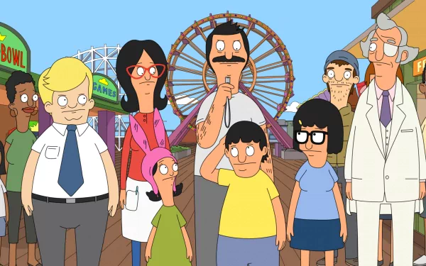 HD wallpaper featuring the Belcher family from Bob's Burgers with an amusement park background.