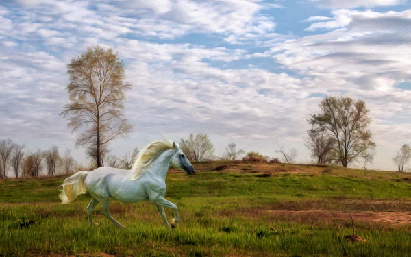 An elegant white horse gallops through a lush green landscape, with soft clouds overhead in this captivating oil painting. A striking HD desktop wallpaper and background.
