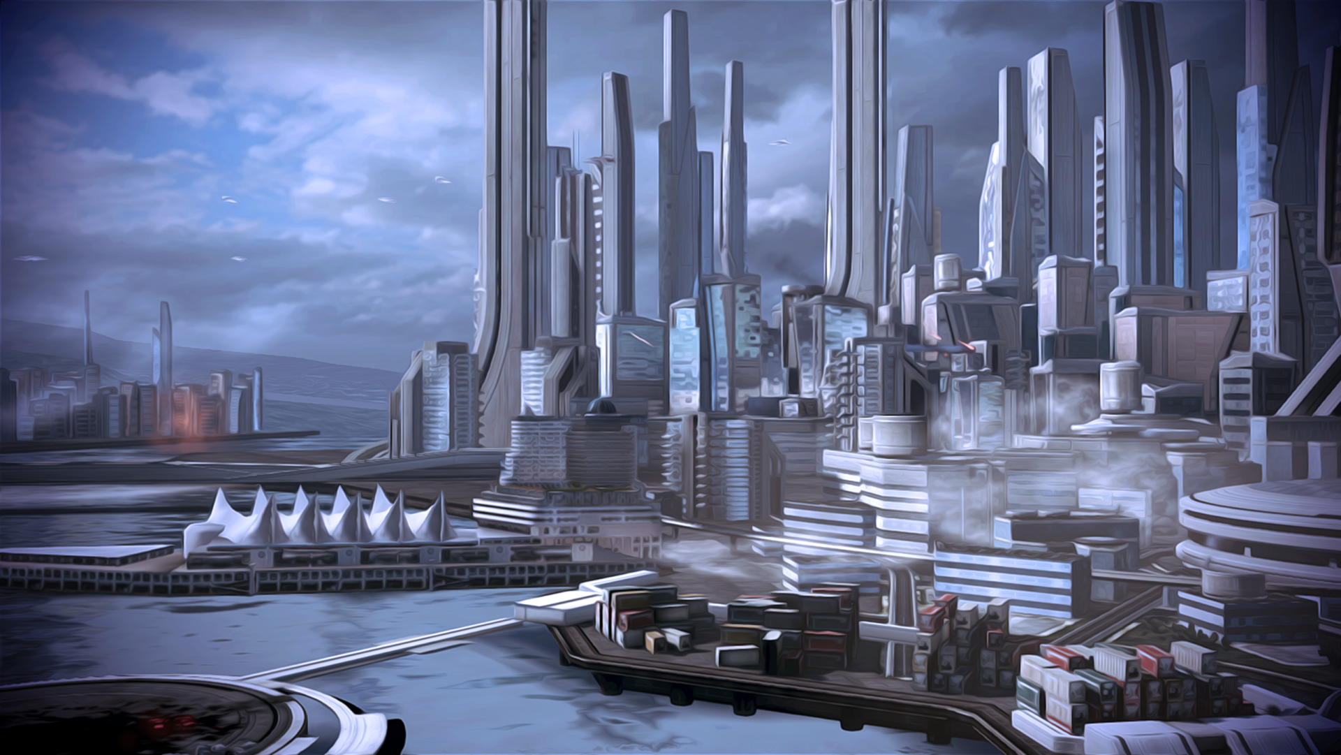 HD PC desktop wallpaper featuring a futuristic cityscape from the video game Mass Effect 3, showcasing sleek skyscrapers under a cloudy sky.