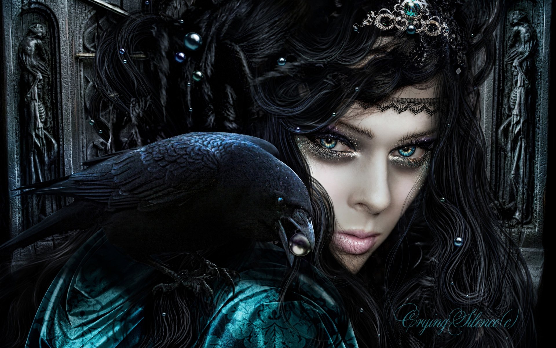 HD desktop wallpaper of a fantasy-themed image featuring a woman with black hair and a raven, set against a detailed dark background.