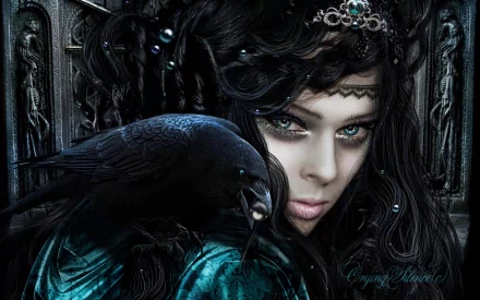 HD desktop wallpaper of a fantasy-themed image featuring a woman with black hair and a raven, set against a detailed dark background.