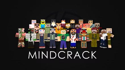 HD desktop wallpaper featuring a collection of Minecraft characters from the Mindcrack series, displayed against a black background.