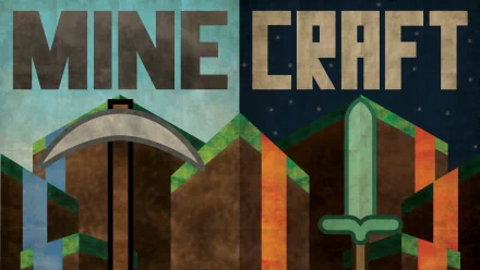 HD desktop wallpaper for Minecraft, featuring stylized graphics of a pickaxe and a sword with the game's logo.