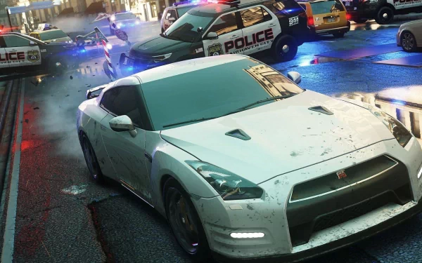 HD PC desktop wallpaper showcasing a white sports car and police vehicles in a dynamic nighttime chase scene from the video game Need for Speed: Most Wanted (2012).