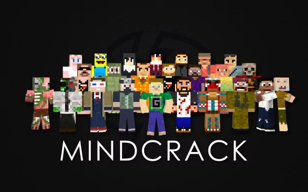 HD desktop wallpaper featuring a collection of Minecraft characters from the Mindcrack series, displayed against a black background.