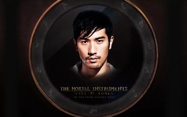 Close-up portrait of a man framed by a dark rune circle, The Mortal Instruments: City of Bones movie HD PC desktop wallpaper and background.