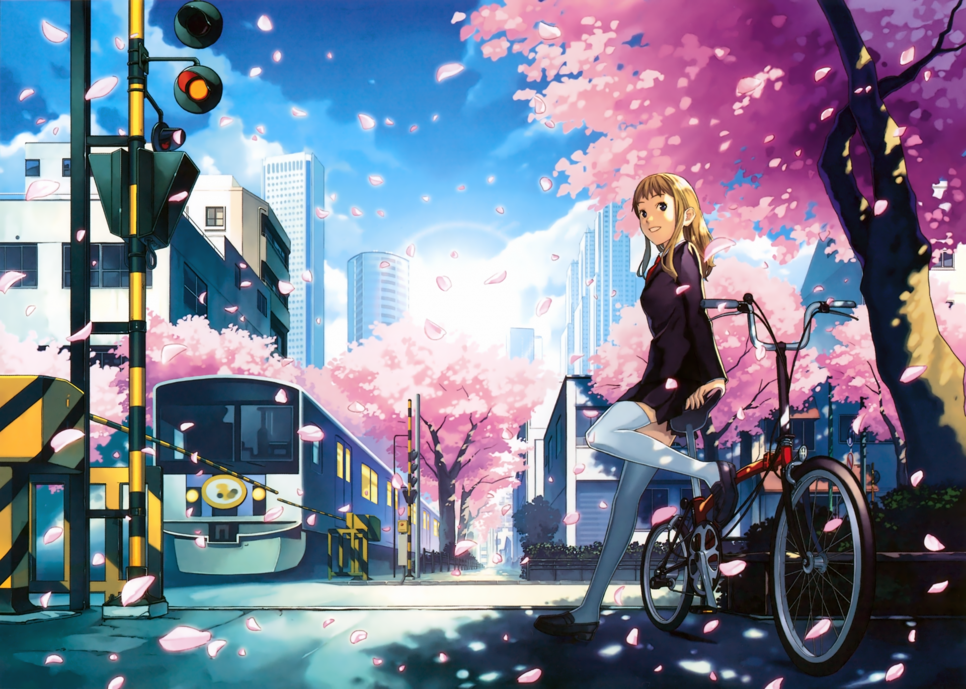 A vibrant anime girl sits on her bicycle amidst cherry blossom trees, with a train and city skyline in the background, creating a stunning 4K Ultra HD wallpaper.