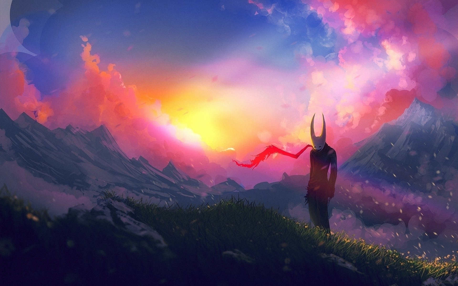 A vibrant HD anime wallpaper featuring a silhouetted figure with horns standing on a grassy hill, overlooking a breathtaking sunset with colorful clouds and distant mountains.
