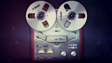 HD desktop wallpaper of a retro audio tape recorder with BASF reels, capturing the vintage essence of analog music playback.