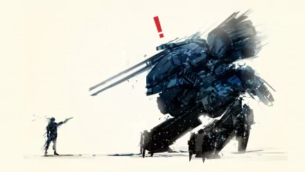HD wallpaper featuring Solid Snake from Metal Gear Solid facing off against a giant mech with an exclamation point above.