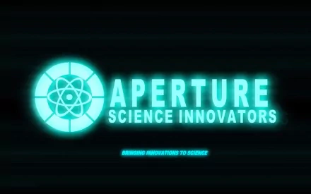Teal glowing Aperture Science Innovators logo from the Portal 2 video game on a black, static-striped backdrop — HD PC desktop wallpaper.