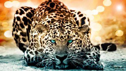 HD wallpaper of a leopard crouching with intense blue eyes, set against a blurred background of golden lights.