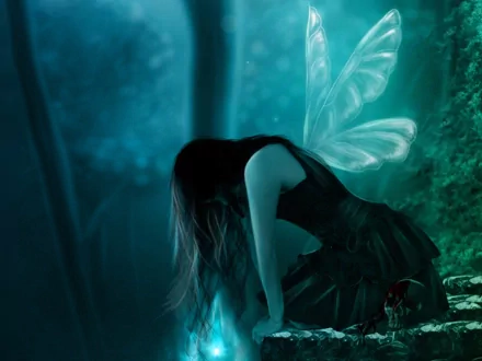 A serene fairy sits in a mystical forest, surrounded by ethereal blue light and delicate, shimmering wings, creating a captivating fantasy scene for a HD desktop wallpaper.