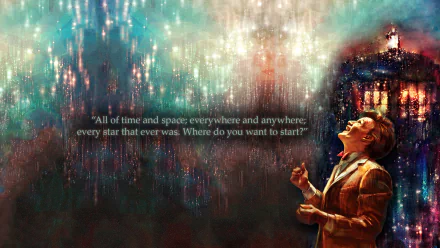 A vibrant HD wallpaper from the TV show Doctor Who (2005), featuring a character gazing up at a starry galaxy with the quote, All of time and space everywhere and anywhere.