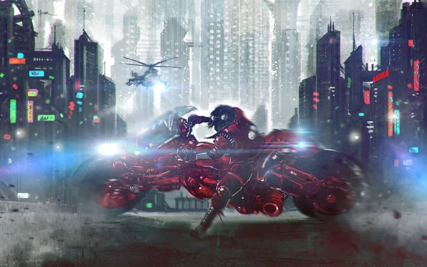 HD desktop wallpaper of Akira featuring a dynamic scene with a character riding a futuristic red motorcycle in a neon-lit, dystopian cityscape.