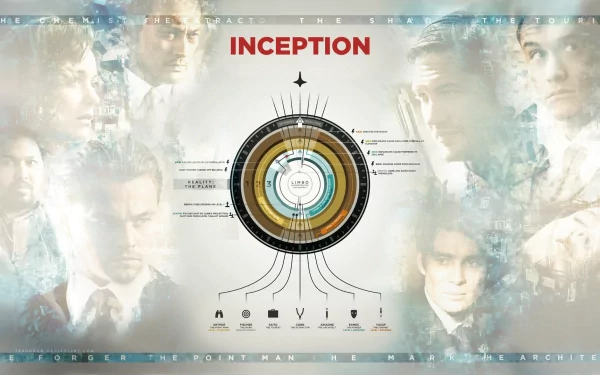 HD desktop wallpaper featuring a collage of characters from Inception with the film's title and a central intricate graphic.