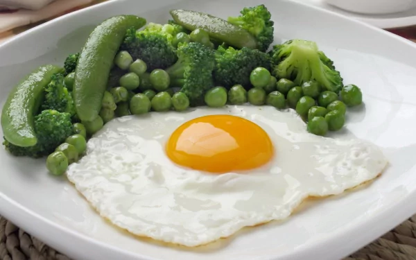 A vibrant HD desktop wallpaper featuring a perfectly cooked egg on a bed of fresh green vegetables, including broccoli, peas, and snap peas, showcasing a healthy food aesthetic.