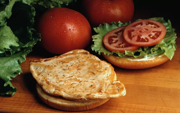 HD PC desktop wallpaper featuring a fresh chicken sandwich with lettuce, tomato slices, and whole tomatoes in the background, highlighting vibrant food colors.