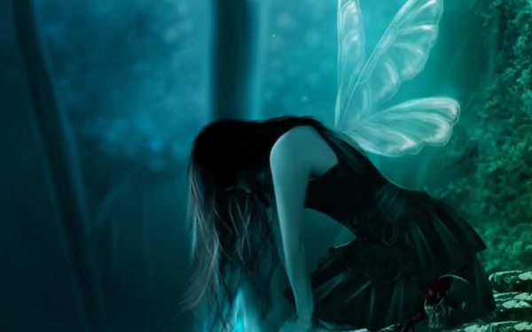 A serene fairy sits in a mystical forest, surrounded by ethereal blue light and delicate, shimmering wings, creating a captivating fantasy scene for a HD desktop wallpaper.