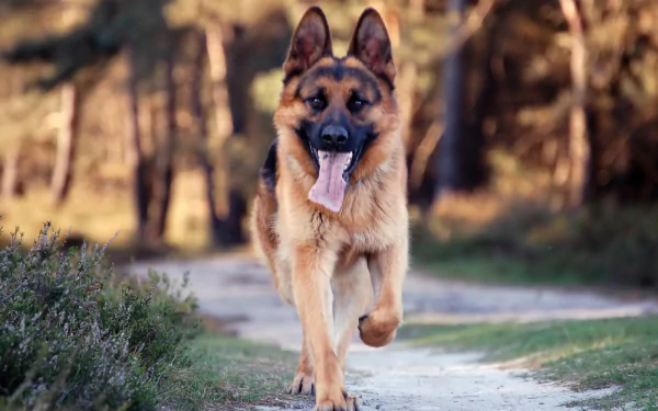 HD desktop wallpaper featuring a German Shepherd running on a forest path.