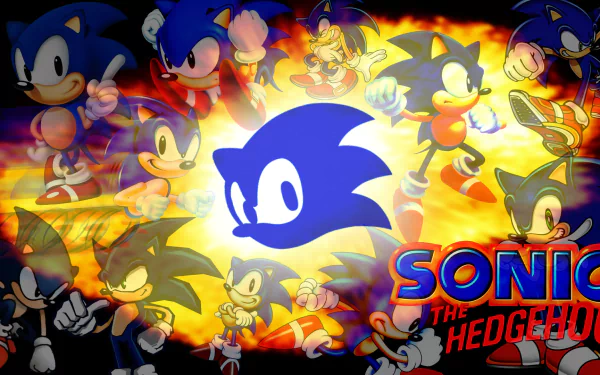 Classic Sonic from the video game Sonic the Hedgehog bursts into action in this vibrant HD wallpaper, showcasing various iconic poses against a dynamic background.