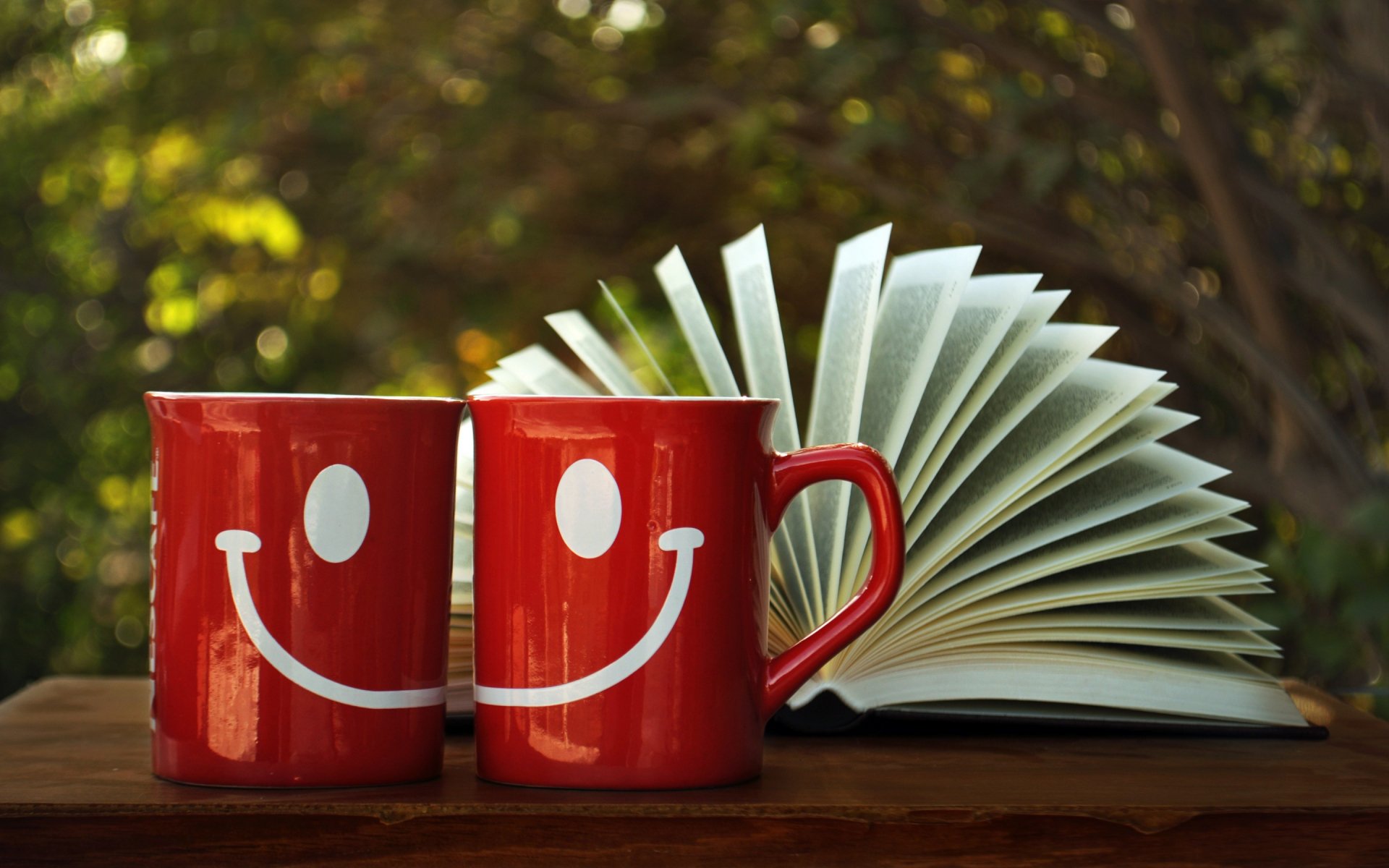 HD desktop wallpaper featuring two red smiling mugs and an open book on a wooden surface against a blurred green foliage background.