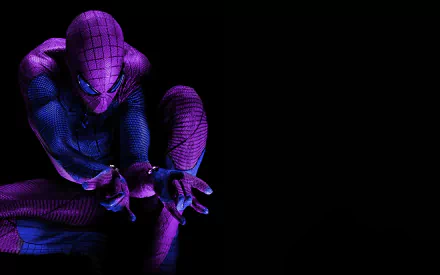 A stunning HD desktop wallpaper featuring a purple-themed Spider-Man from The Amazing Spider-Man, showcasing dynamic posing against a dark background.