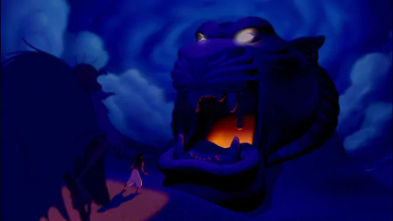 HD wallpaper from Aladdin (1992) featuring the Cave of Wonders and Aladdin's silhouette against a moody blue background.