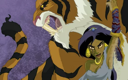 HD wallpaper from Aladdin (1992) featuring Jasmine with Rajah in a defensive stance.