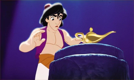 HD wallpaper of Aladdin from the 1992 movie, looking cautiously at the magical lamp.