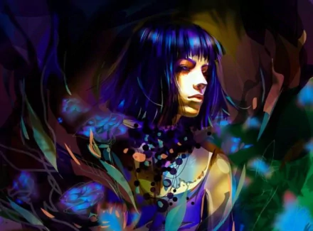 Digital art portrait of a woman with blue hair, featuring vivid abstract elements in a blend of blues and greens, suitable as HD desktop wallpaper.